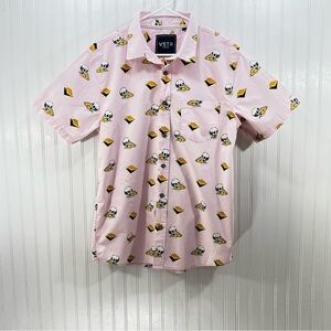 VSTR Pink All Over Print Skull Pizza Button Up Shirt Men’s Large 100% Cotton